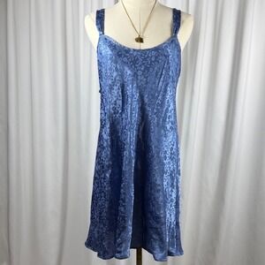 Vintage Blue Floral Jacquard Slip Dress Sleeveless Satin Lingerie Chemise